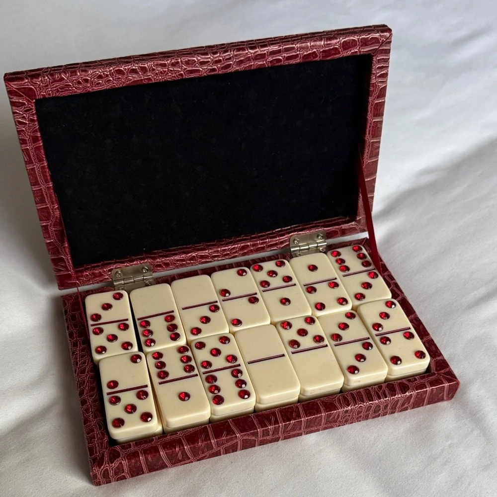 Z Gallerie Elegant Red Crystal Domino Set in crocodile print case.